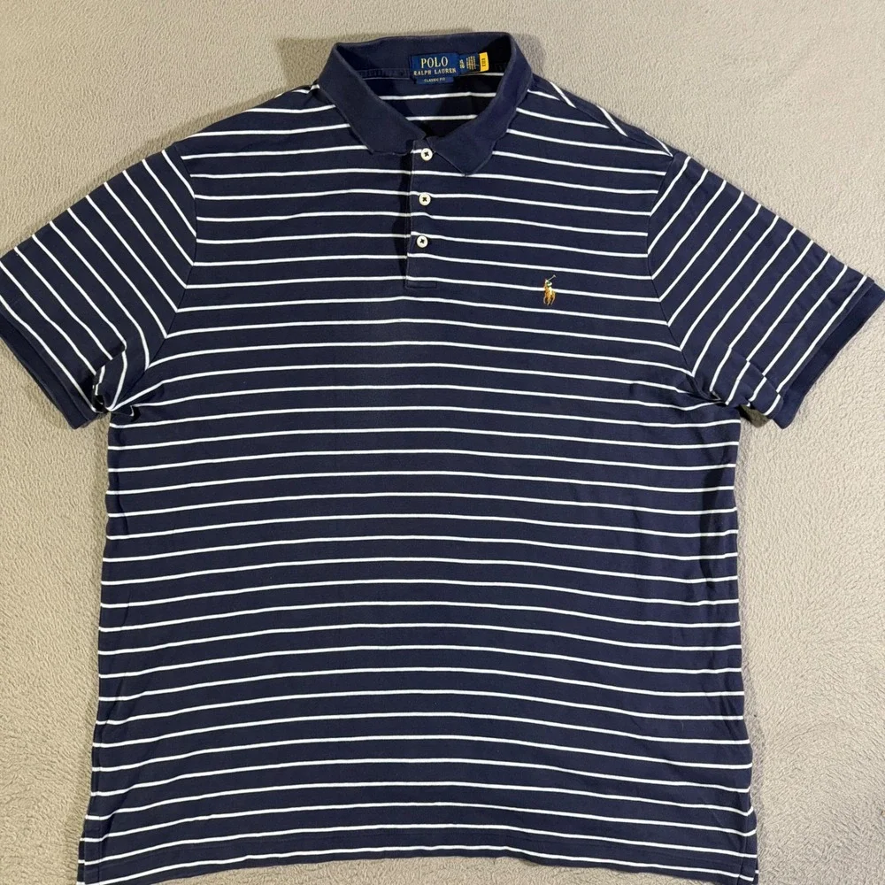 Polo Ralph Lauren Mens‎ XL Navy Blue Striped Classic Fit Polo Shirt Flesh Pony